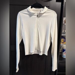 Hollister White Ribbed Collared Zip-Up
